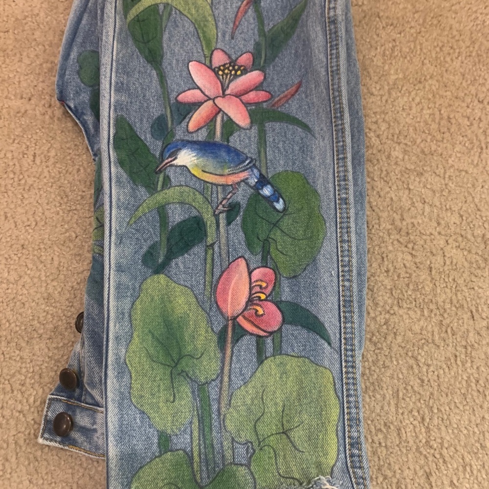 Paul Ropp hand paint /art  bird garden Vintage  90’s painted jeans Rare - Picture 5 of 6